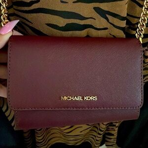 Michael Kors Wine Red Crossbody Bag with Gold Chain